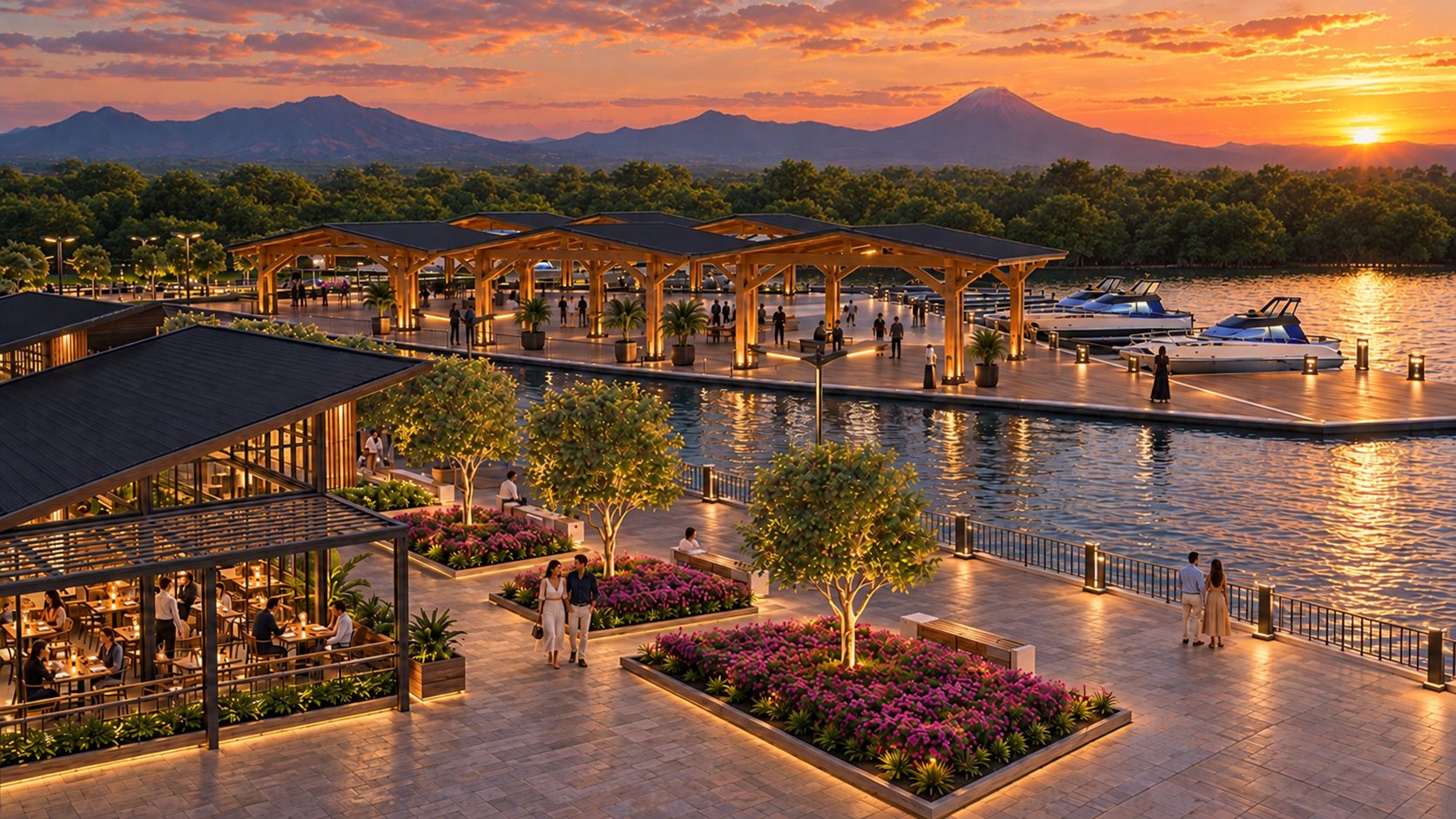 Muelle, restaurante y paseo frente a la Bahía de Jiquilisco al atardecer, con los volcanes al fondo